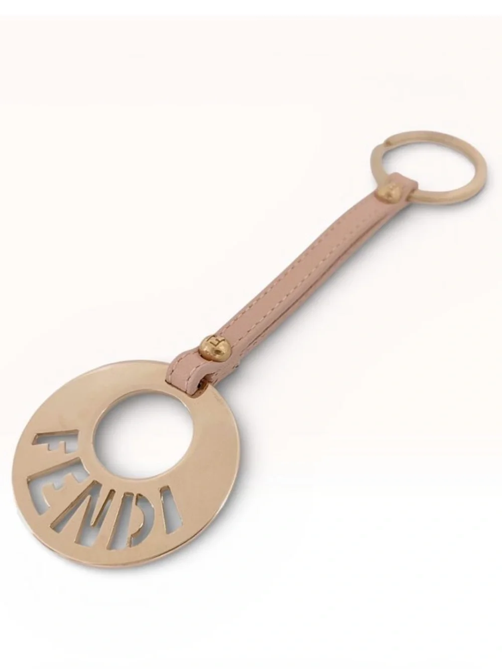 Fendi Gold-Tone Circle Logo Keyring Bag Charm Pastel Pink Leather